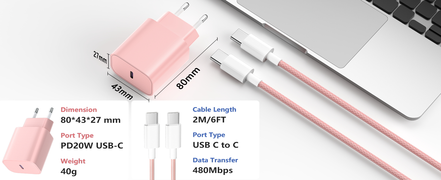 Зарядний пристрій USB-C 20W з кабелем Type-C 2м для iPhone 16/15/Pro/Air (Рожевий) - 2 шт.