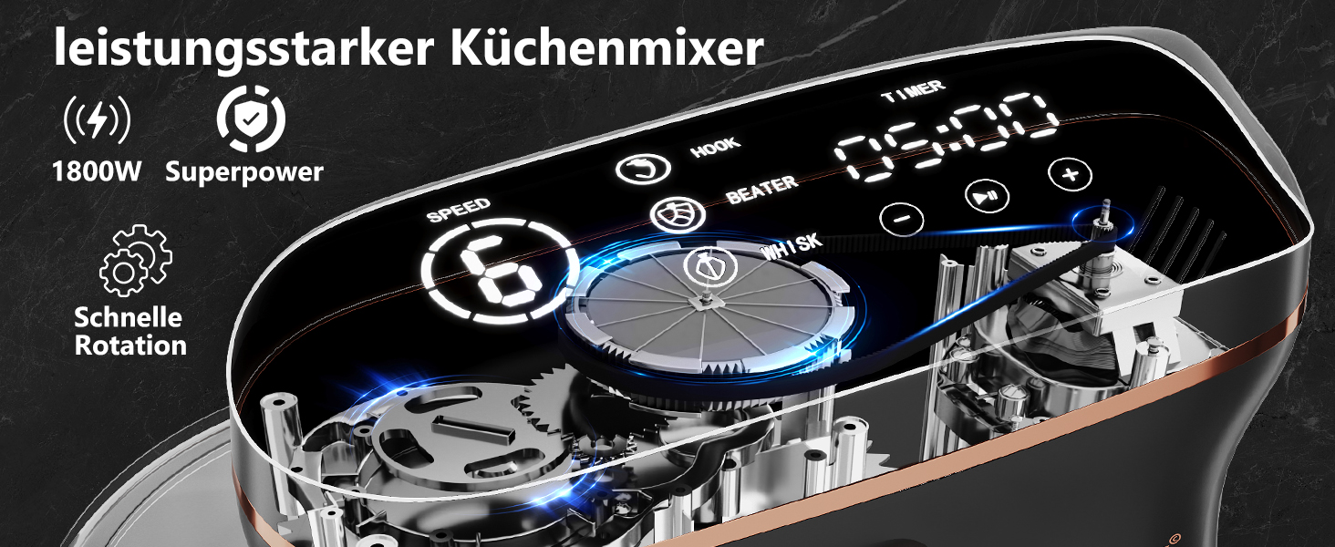 Кухонна машина HOMELUX 1800W з чашею 8 л з нержавіючої сталі, 6 швидкостей, LED-дисплей, насадки для замішування, збивання та нарізки, сіра