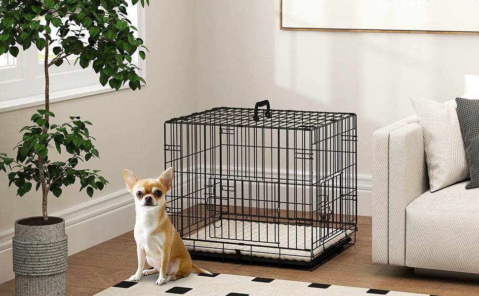 Клітка для собак PawHut, складана, металева, з двома дверцятами та лотком, для маленьких собак, 60x40x50 см, чорна