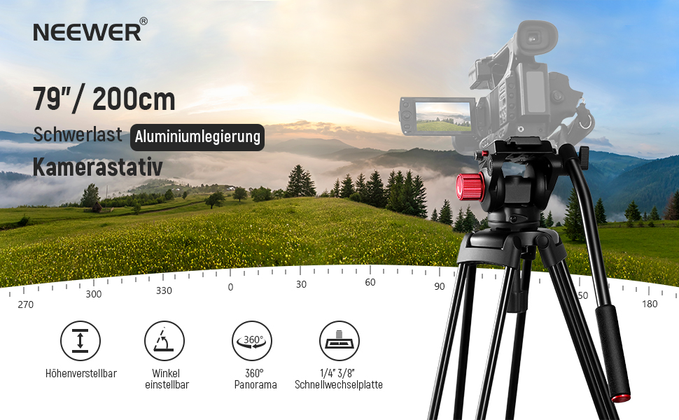 Штатив для камери NEEWER 79' з кульковою головкою 360°, міцний штатив з алюмінію для відео та фото, сумісний з Canon, Nikon, Sony та іншими DSLR камерами та відеокамерами, максимальне навантаження 8 кг, з QR-пластиною та серветкою для чищення