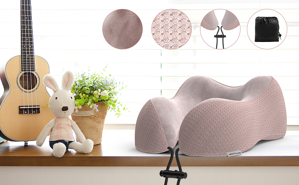 Подушка для шиї Estefanlo для подорожей: автомобіль, літак, офіс. Memory Foam, м'який велюровий чохол (рожевий)