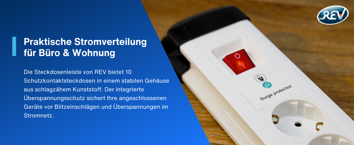 Многорозеткова смуга REV з захистом від перенапруги, 10 розеток, 2м, білий, 3680W