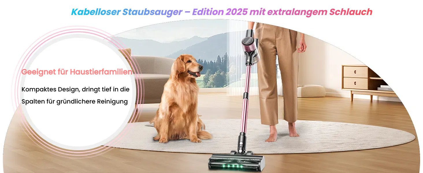 Бездротовий акумуляторний пилосос SUXIANGVAC 45000Pa/500W з LED дисплеєм та антинамотувальною насадкою, 73см подовжуваний шланг для твердих поверхонь, килимів та шерсті тварин, Рожевий