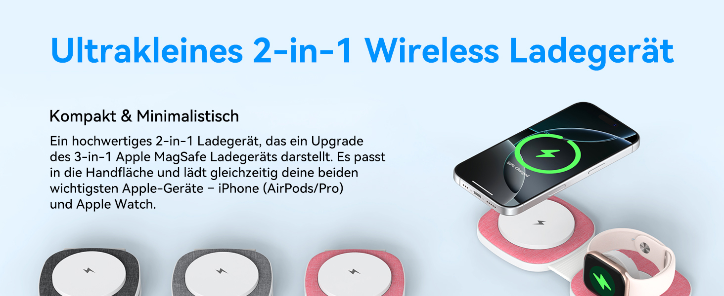 Зарядна станція 2-в-1 для Apple Watch та iPhone MagSafe (20W, сіра) - сумісна з iPhone 17e/Air/17/16/15/14/13/12 та Apple Watch Series 11/10/9/8/7/6/5/4/3/2/SE/Ultra, AirPods