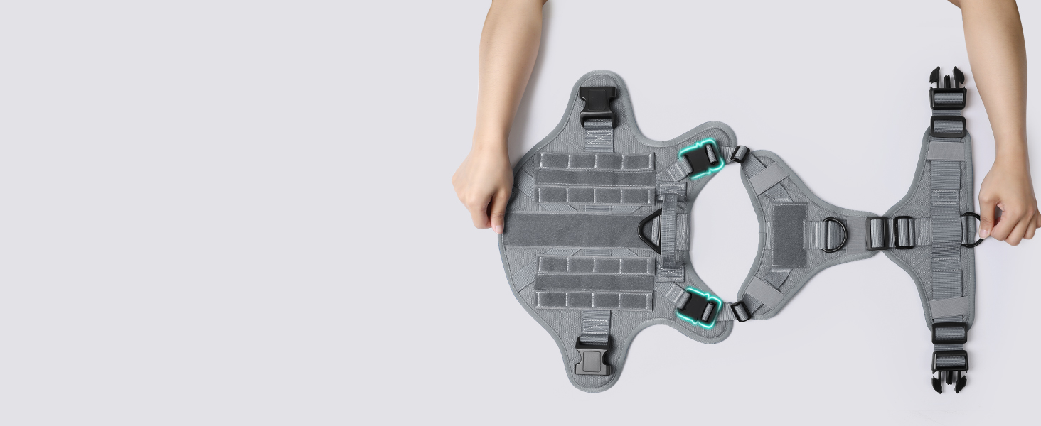 Шлейка для собак Rabbitgoo для великих собак без натягу, тактична, з MOLLE, металеві пряжки, дихаюча, військова, регульована, з підкладкою, L (1 шт., сіра)