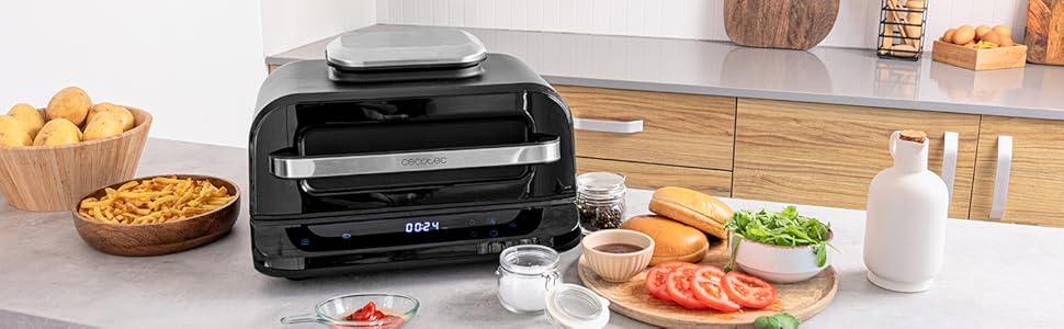 Cecotec Oil-Free Grill Air Fryer 6 L Cecofry FireDome 6000. Air Fryer. 2400 W, 6 cooking modes and 4 grilling levels, adjustable thermostat, including temperature sensor and 6-liter accessories.