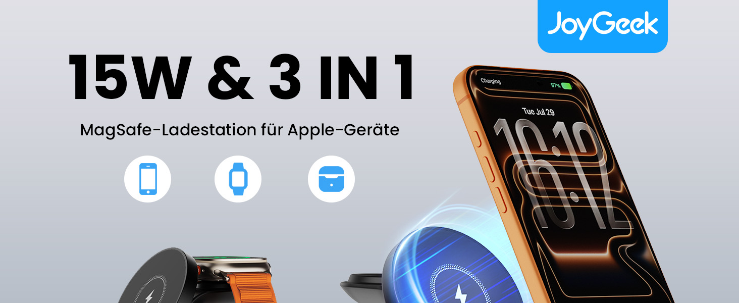 Зарядна станція JoyGeek 3-в-1 для Apple Watch, iPhone (MagSafe) та AirPods. Бездротовий зарядний пристрій для швидкої зарядки iPhone 12-15, iWatch Series 2-Ultra/SE, Airpods 2-4. Чорний.