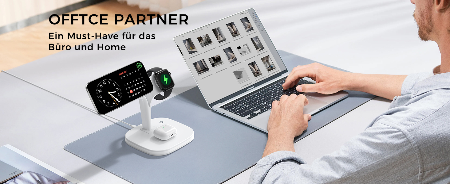 Зарядна станція 3-в-1 для Apple Watch та iPhone з MagSafe, білий колір. Підходить для iPhone 17, 16, 15, 14, 13, 12 Series, Apple Watch 11, 10, 9, 8, 7, 6, 5, 4, 3, 2, SE, Ultra, AirPods Pro/4/3/2. Потужність: 20W.