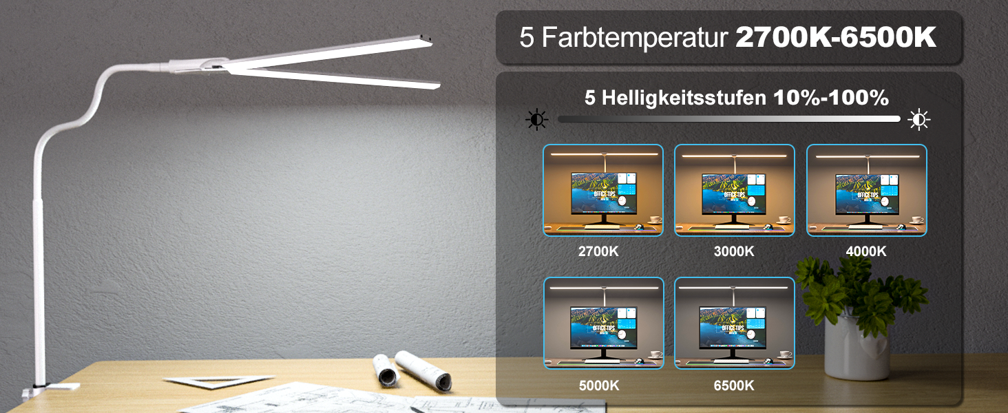 LED лампа настільна для офісу та дому, світло для монітора, 1400 люмен, регульована яскравість, кріплення-прищіпка, світло для робочого столу, гнусий «лебединий шия», подвійний насадка, 5 режимів кольору та рівнів яскравості, білий колір, 80 см