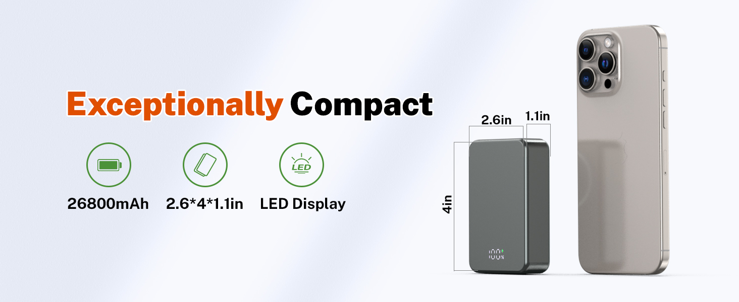 Магнітний портативний Power Bank 26800mAh з USB-C, для iPhone та Android (сірий метал)