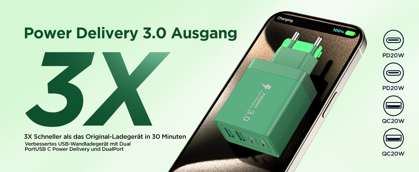 Зарядний пристрій USB-C 40W, мережевий адаптер з QC USB-A та USB-C, швидка зарядка для iPhone, Samsung та інших пристроїв (Темно-зелений)