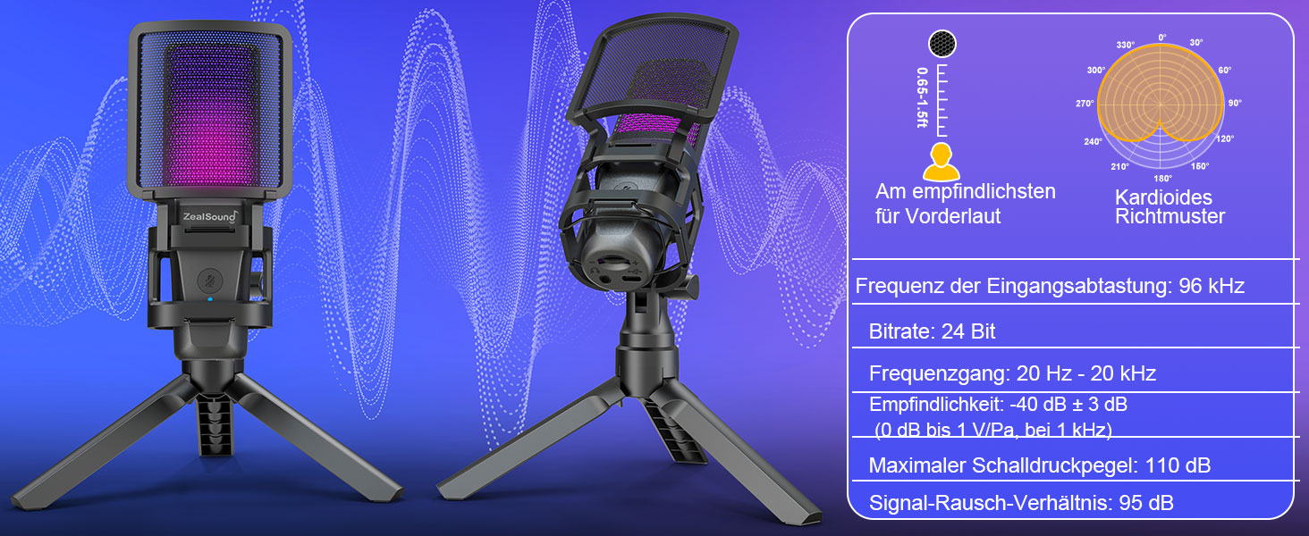 Zealsound USB Мікрофон для ПК та телефону – RGB, з регулюванням гучності, поп-фільтром, тримачем, та 2 адаптерами для подкастів, стрімінгу, Discord, YouTube, TikTok A68