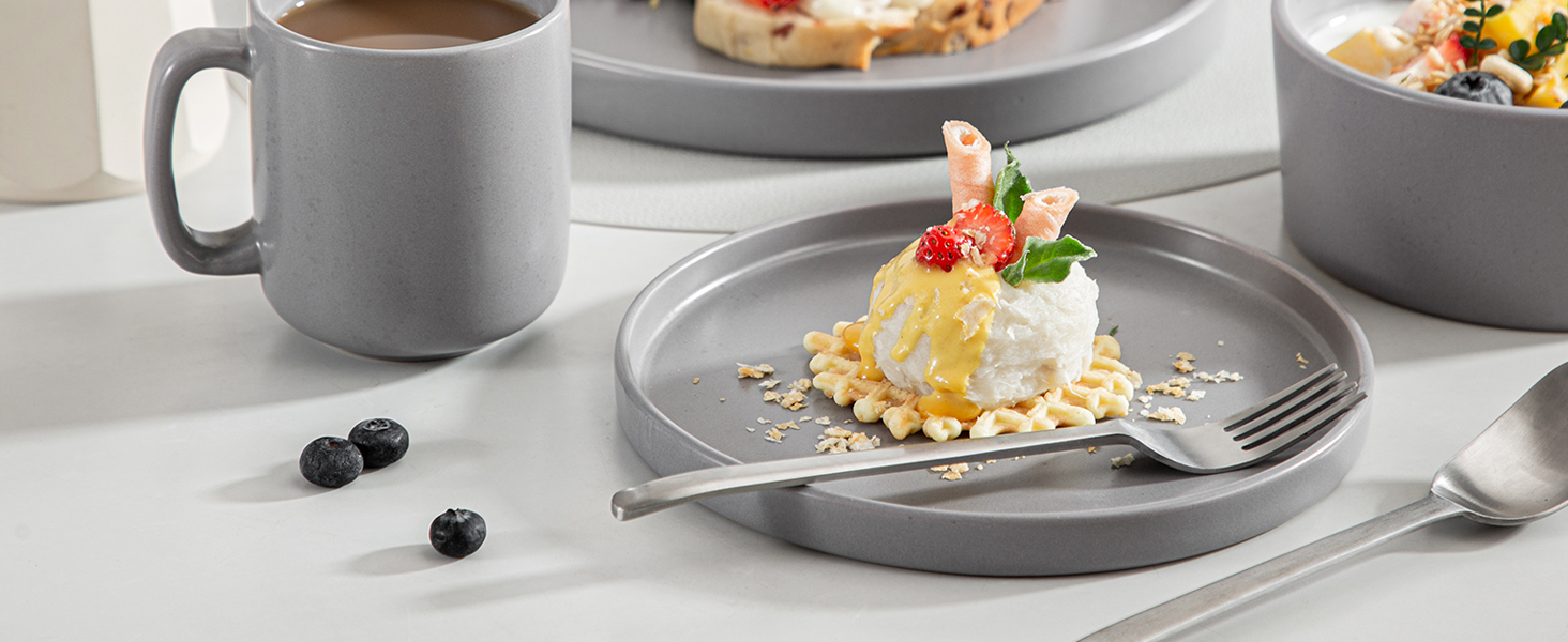 Набір посуду Vancasso SESAM Serie Steingut (16 предметів) для 4-12 осіб – тарілки, миски, чашки, скандинавський дизайн, темно-сірий, біло-сірий, блакитний, зелений