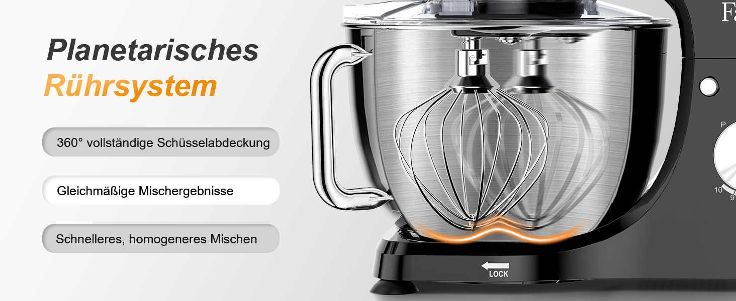 Планетарний кухонний комбайн-міксер 1300W, чаша з нержавіючої сталі 5.5л, 10 швидкостей, з насадками (гак, вінчик, міксер) та захистом від бризок, чорний