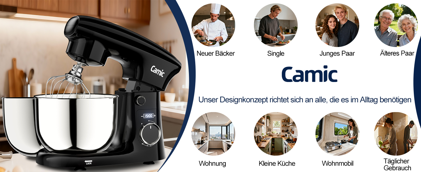 Кухонний комбайн-міксер Camic з LED-дисплеєм, 10 швидкостей, 3 насадки (вінчик, міксер, гак) та 2 чашами з нержавіючої сталі 4л і 5л для тіста, хліба та тортів, чорний