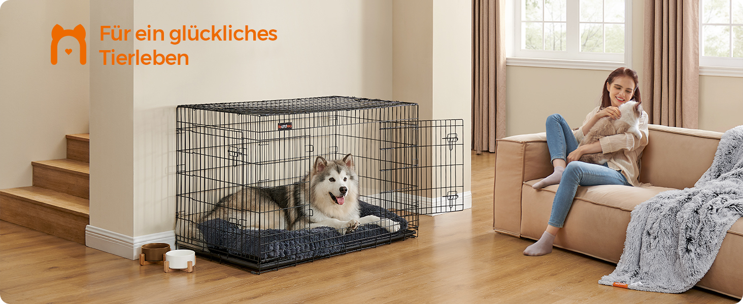 Клітка для собак Feandrea, розкладний варіант, з 2 дверцятами, висувна миска, 122 x 74,5 x 80,5 см, XXL, чорна