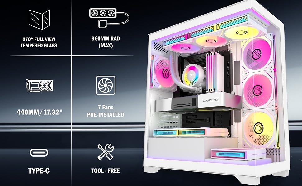 Ігровий корпус для ПК ANSAITE ATX Mid-Tower, 6 ARGB PWM вентиляторів, панорамне загартоване скло, підтримка радіатора 360мм, USB Type-C, Чорний