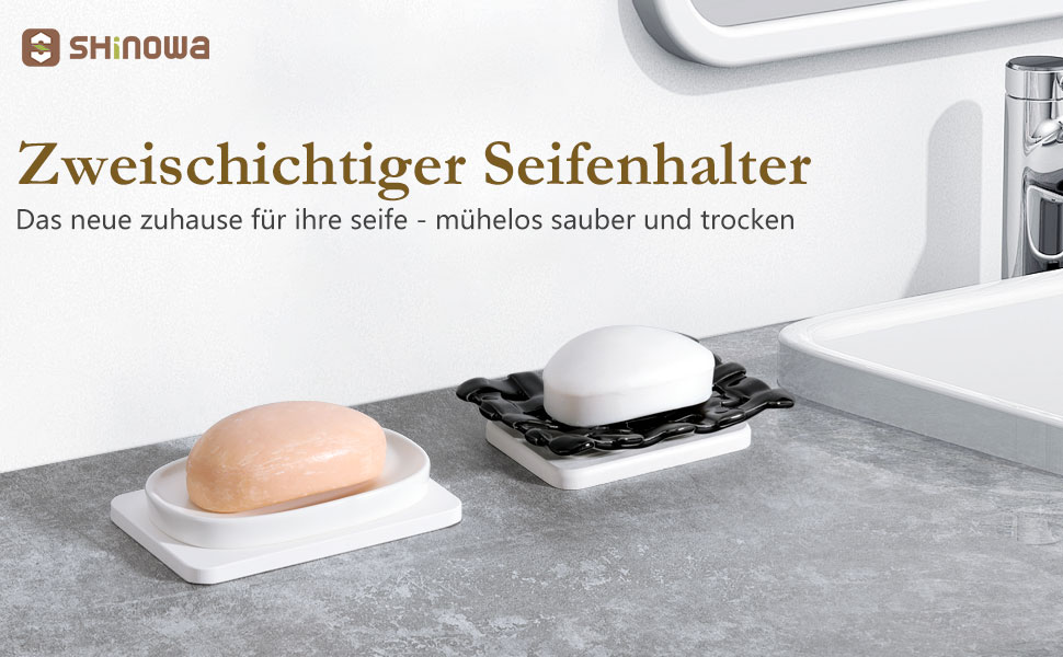 Підставка для мила Shinowa з подвійним шаром та знімним контейнером для води. Мильниця самостійно спорожняється, підходить для ванної кімнати, кухні, душу, ванни, раковини, робочої поверхні. Матеріал: мармур, білий (текстурований).