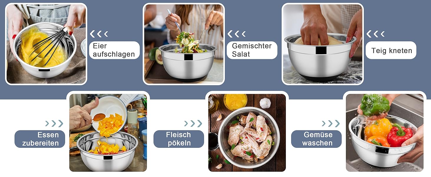 HaWare Mixing Bowl Set of 6, Stainless Steel Bowl Salad Bowl Set with Airtight Lid & 3 Grater Attachments, 4.6L/2.8L/2.5L/1.6L/1.2L/0.7L, Non-Slip Silicone Bottom & Dishwasher Safe, Black