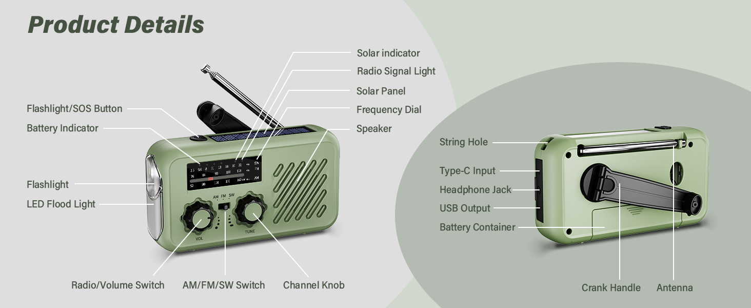 Радіо Kurbelradio – світоприймач для екстрених ситуацій з ручним заводом, сонячною батареєю та USB-зарядкою. Радіо з Power Bank 2000mAh, LED-ліхтарем, SOS-сигналом, FM/AM/SW. Компактне радіо для походу та надзвичайних ситуацій