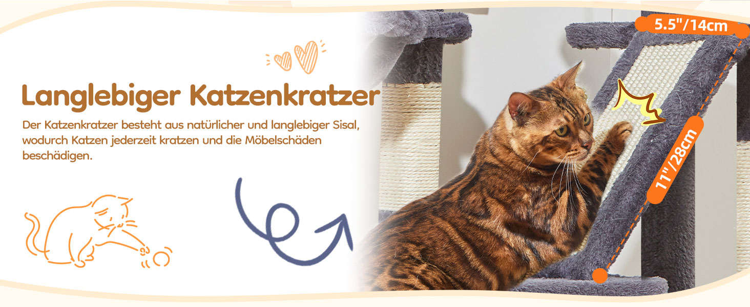 Дерев'яний кігтеточки Taoqimiao Klein 98 см - котячий будиночок з корзиною та 4 стовпчиками, MS029SW (темно-сірий)