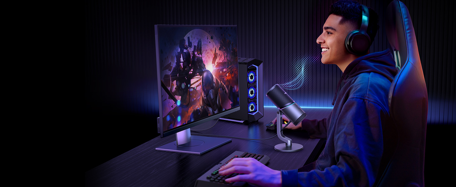 Мікрофон UGREEN для геймінгу та стрімінгу з RGB підсвічуванням USB, 24bit/96kHz, для ПК, PS5/PS4, запису, ноутбука