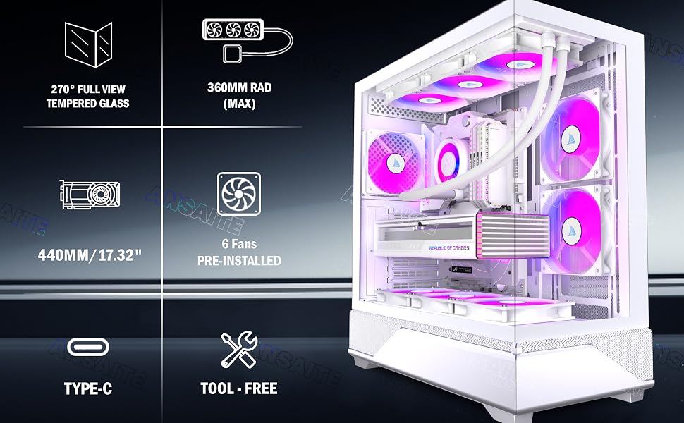 Ігровий корпус для ПК ANSAITE ATX Mid-Tower, 6 ARGB PWM вентиляторів, панорамне загартоване скло, USB Type-C, підтримка радіатора 360мм, Чорний