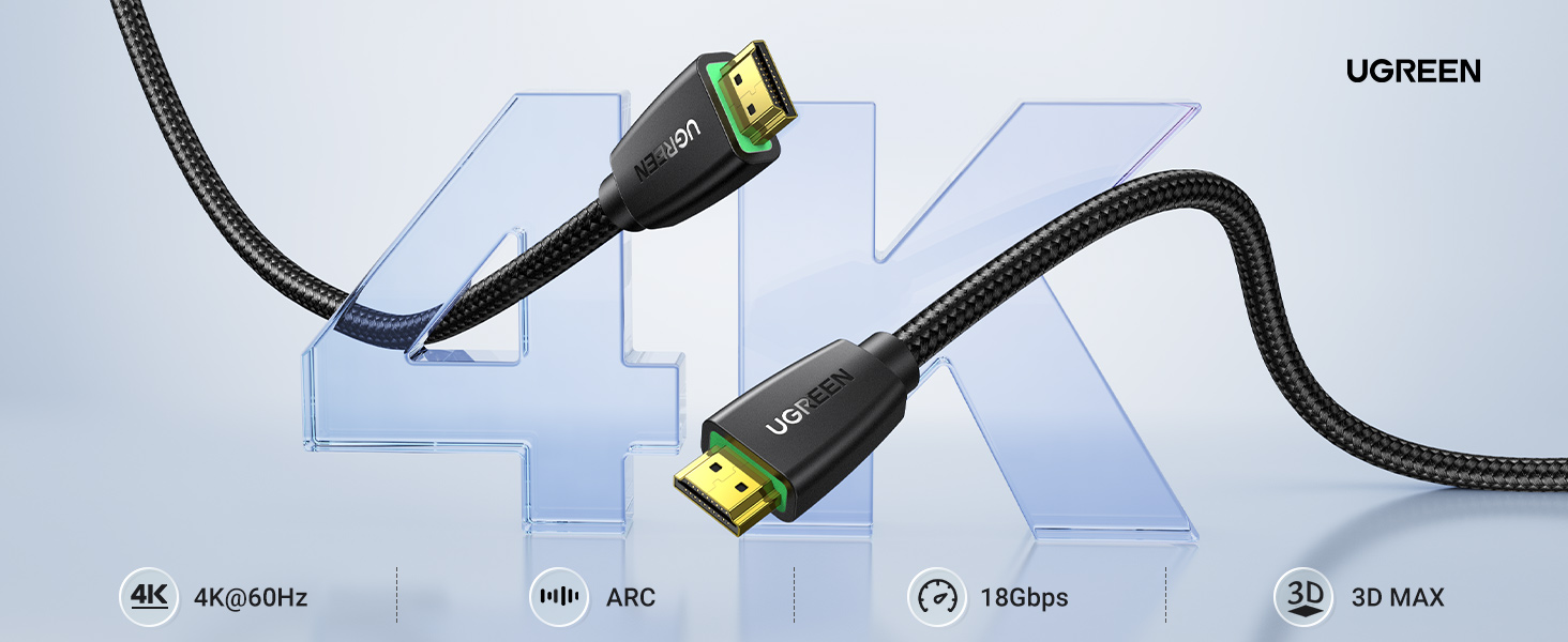 Кабель HDMI UGREEN 4K 60Hz UHD 2.0 з ARC, HDR, 3D, 18Gbps, Ethernet, позолочений, 2 метри