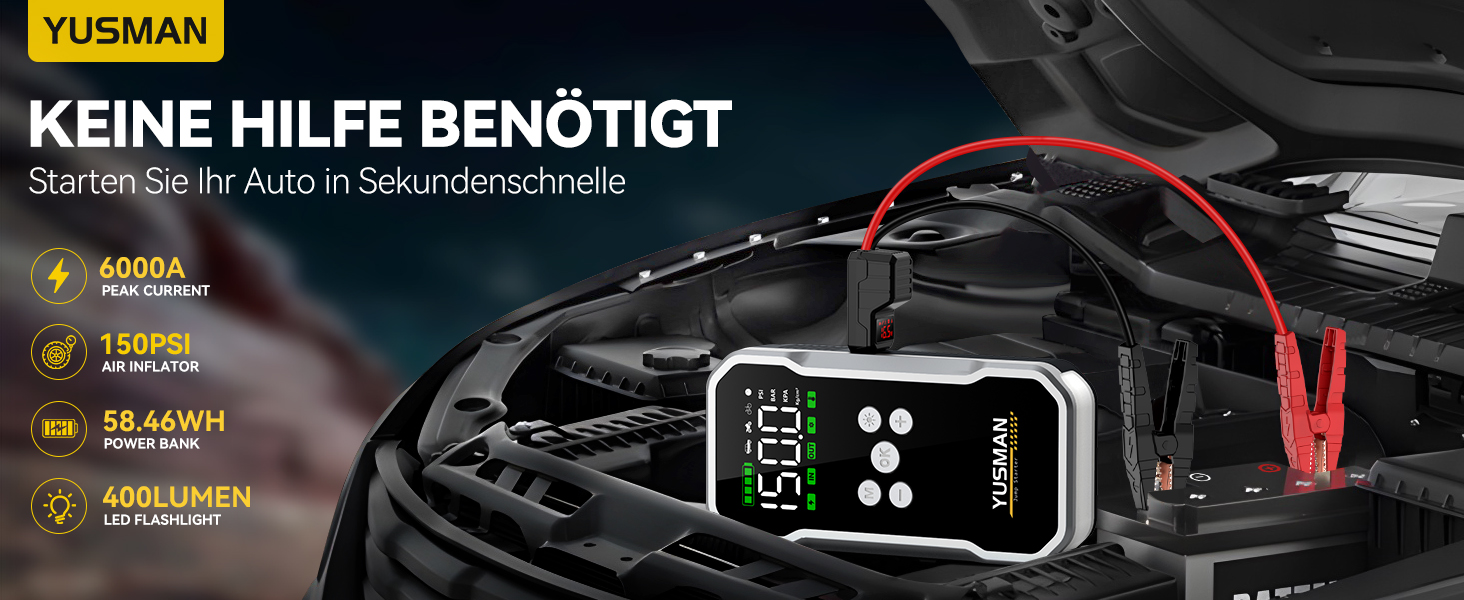 Powerbank Starthilfe F03: Портативний стартер для авто з компресором та повітряним насосом | 6000A, 7L, 150PSI, LCD, LED