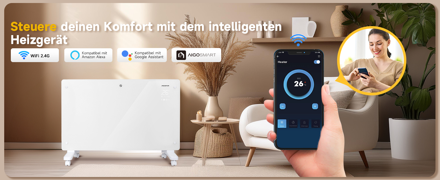 Електричний конвектор Aigostar з термостатом та Wi-Fi, 2000W, для кімнат до 30 м², чорний. Можлива установка на стіну або на підлогу.