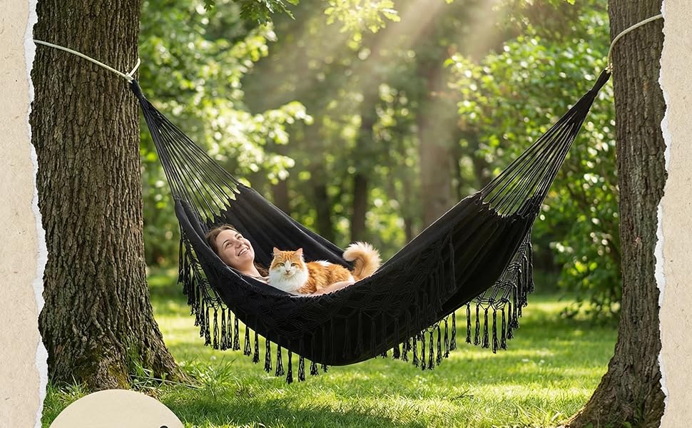 Гамак для дому та вулиці Boho макраме подвійний великий бавовняний м'який для двох осіб 200x150 см, до 200 кг (Чорний)