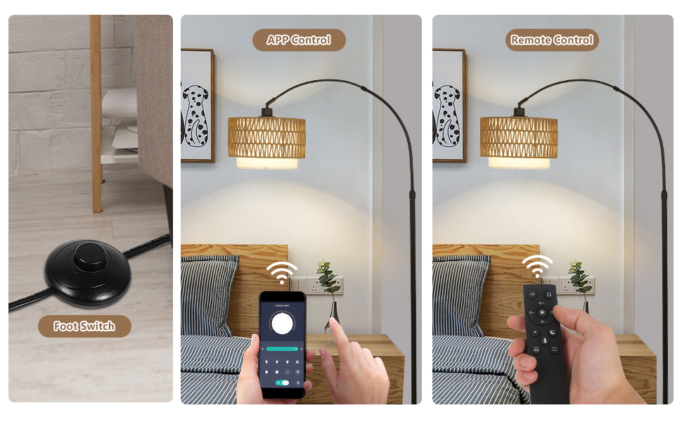 Стельова лампа Rayofly Boho для вітальні та спальні з ротанговим абажуром, димування, пульт ДУ, LED-лампочка, керування через додаток, чорний