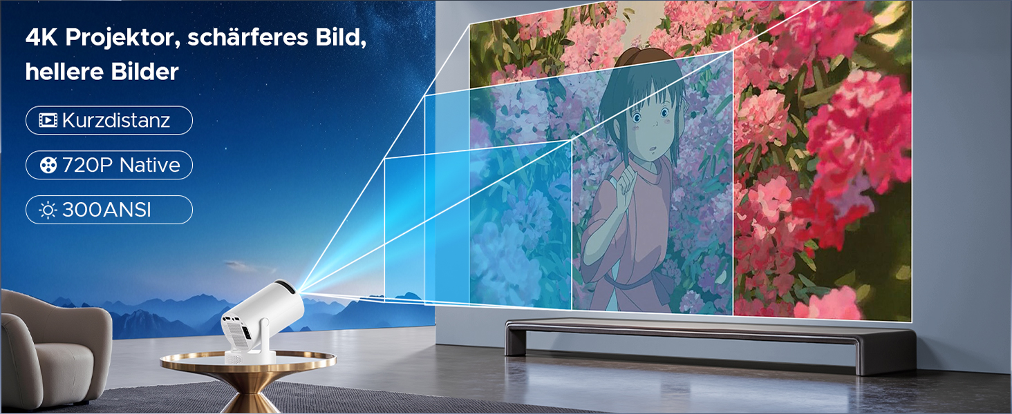 Портативний проєктор Mini Beamer з динаміком: 1080P/4K, WiFi 6, Bluetooth 5.0, автоматичне корегування трапецеїдальних спотворень, 220° обертання, для домашнього кінотеатру та використання на вулиці