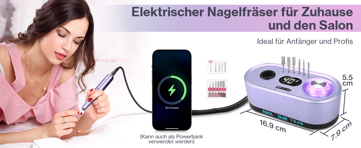 Електрична нігтьова фрезерна машинка для манікюру та педикюру, 40000 об/хв, LCD дисплей, професійний набір, фіолетовий