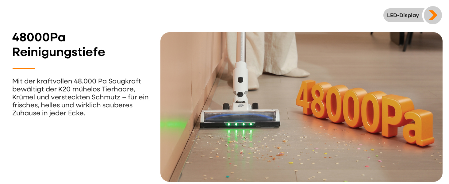 Акумуляторний пилосос ElecKeys 48000Pa/580W з LED дисплеєм, білий. Підходить для твердих поверхонь, килимів та видалення шерсті тварин. 7-шарова фільтрація, антизаплутана щітка, 65 хвилин роботи.