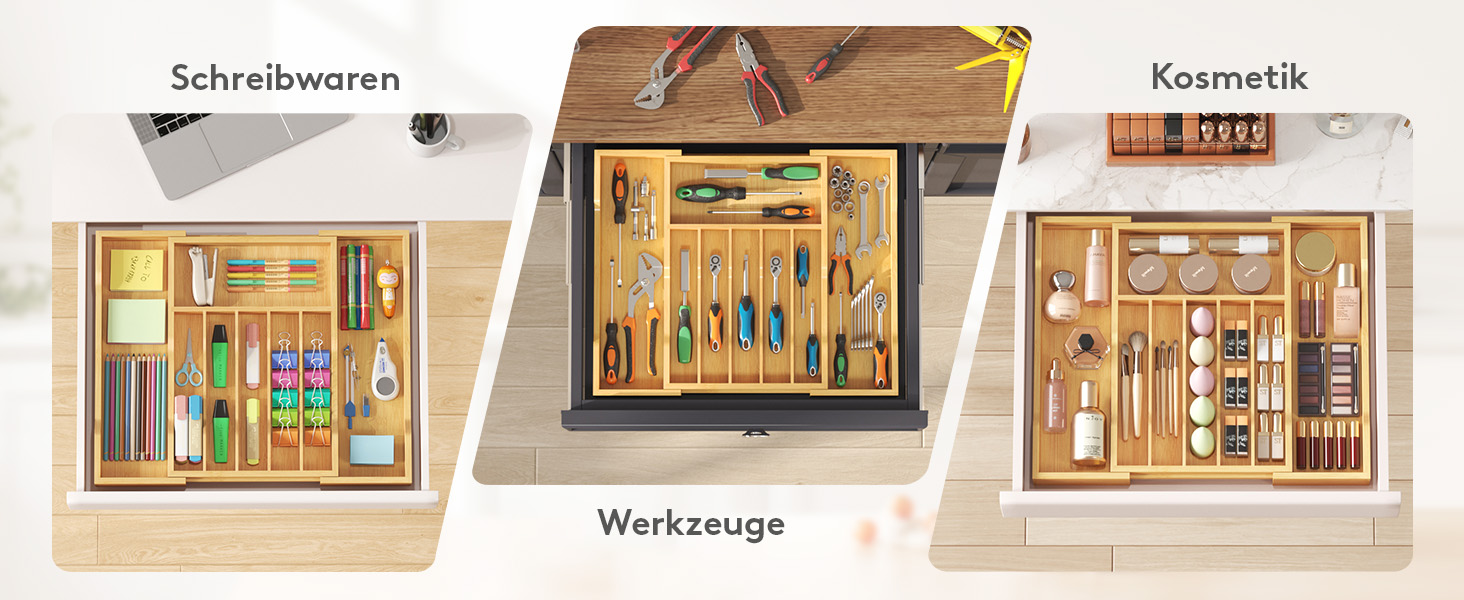 Органайзер для столових приборів Lifewit для шухляд 43 см, дерев'яний, розширюваний (31-53 см), бежевий