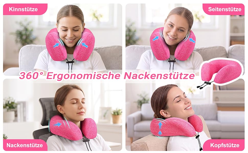 Подушка для подорожей Kobete з ефектом пам'яті (Memory Foam) для шиї, набір для сну в літаку, авто, поїзді: 3D-маска для сну, беруші та сумка (Рожевий)