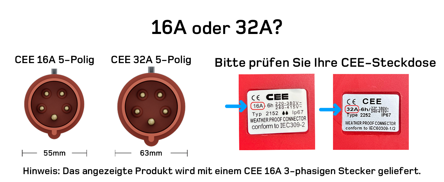 Зарядна станція для електромобілів Dé Mobile 11 кВт (6 м) з регулюванням потужності, кабель CEE 16A на Typ 2, сумісна з Model Y/3, ID.3/4/5, MG4, EX30, e-up, e-tron та BEV/PHEV