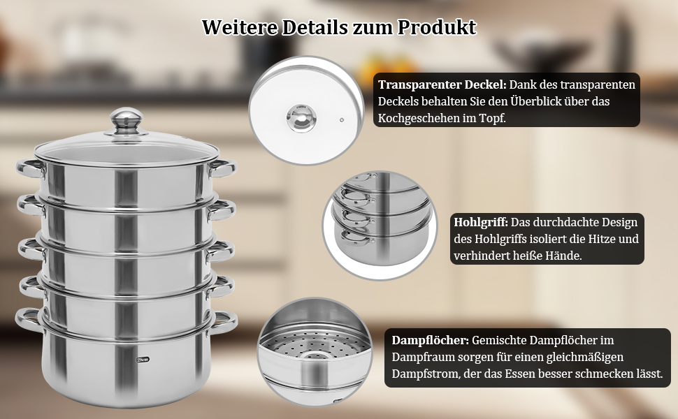 Набір для приготування на пару 5-ти ярусний з нержавіючої сталі, 28 см, з кришкою, для всіх типів плит (індукція, електрокераміка)