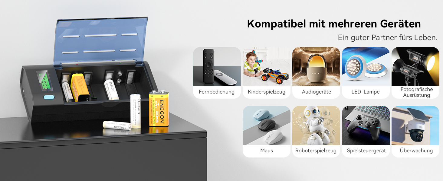 Зарядний пристрій ENEGON для акумуляторів AA/AAA/C/D/9V NiMH/NiCD з LCD дисплеєм та функцією розряду – 4 слоти, чорний