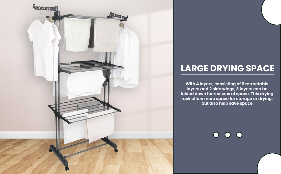 Сушарка для білизни, 4 яруси, сіра, складана, регульована, велика, нержавіюча сталь, для дому та вулиці, зі складними крилами