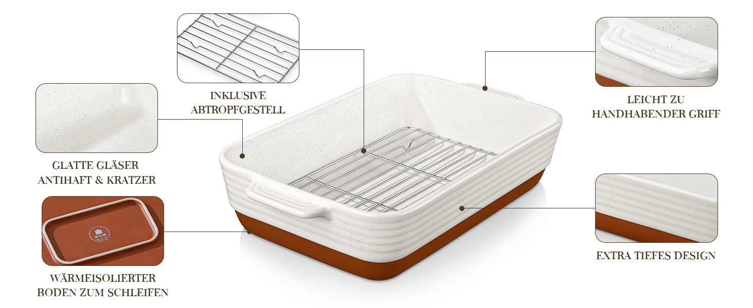 Форма для запікання MALACASA Serie TARA, 4.5л, кераміка, прямокутна, стійка до подряпин | Для лазаньї, тірамісу, запіканок 35*23.8 см (з решіткою)