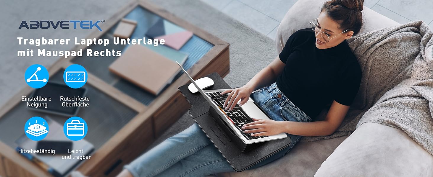 Зручний лапдеск AboveTEK для ноутбука: ергономічний, з антиковзким покриттям, захистом від нагріву та вбудованим ковриком для миші. Ідеально для роботи в ліжку, на дивані та в подорожах (чорний)