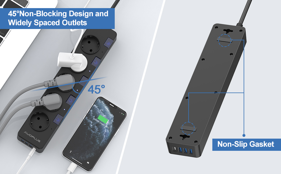 Мережевий фільтр Steckdoseleiste з індивідуальним керуванням, 5 розеток, 1 USB-C та 3 USB-A, захист від перенапруги (3680W/16A), дитячий замок, 3M кабель, чорний