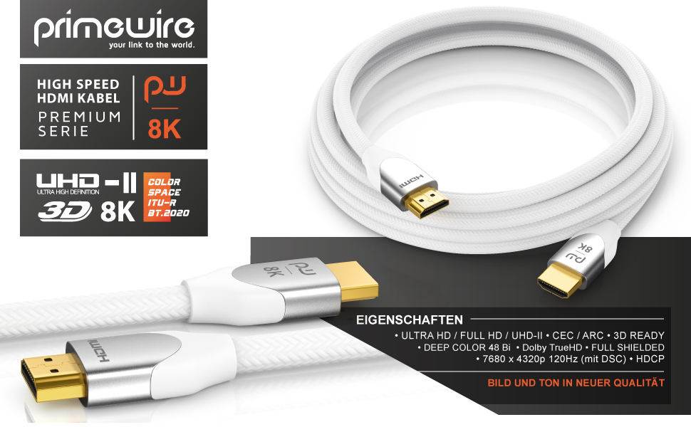 HDMI 2.1 Кабель 2м 8K (60Hz) 4K (120Hz) - Білий, Підтримка HDR, ARC, PS5, Xbox, Blu-Ray