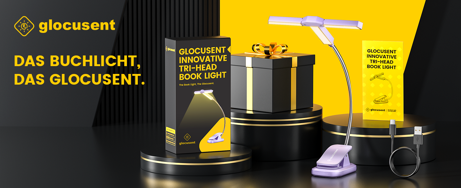 Лампа для читання Glocusent з трьома світловими головами, 3 кольори та 5 рівнів яскравості, акумулятор 1000 mAh, таймер 30 хв, час роботи до 100 годин, для любителів читання, фіолетова
