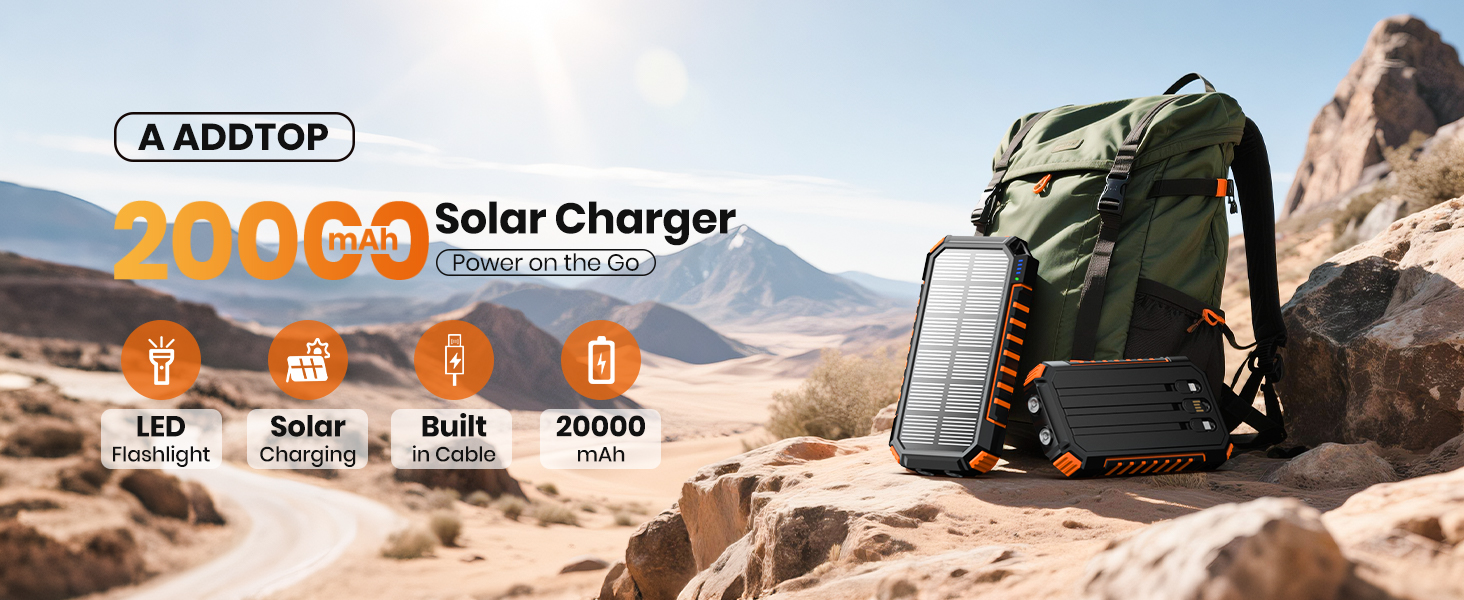 Power Bank A ADDTOP 22.5W 20000mAh Сонячна Бездротова Зовнішня Батарея з 2 USB-кабелями та Ліхтариком для Телефонів, Планшетів, Кемпінгу (Чорний)