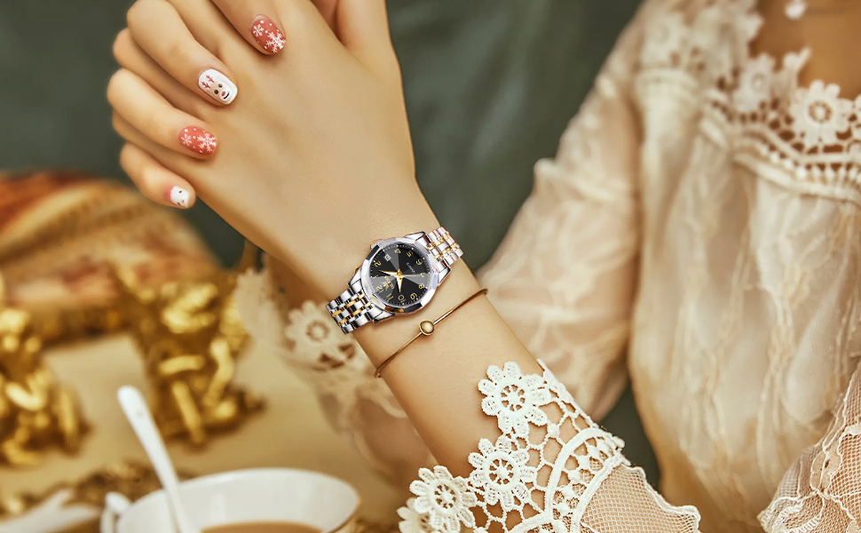 Годинник жіночий OLEVS з нержавіючої сталі, кварцовий, з датою, водонепроникний, чорний циферблат, двоколірний браслет