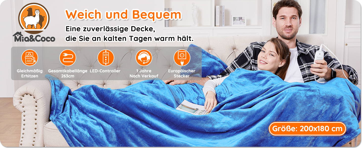 Електрична ковдра Mia&Coco з автовимкненням, 10 режимів нагріву, таймер до 9 годин, захист від перегріву, фланель, 200x180 см, блакитна