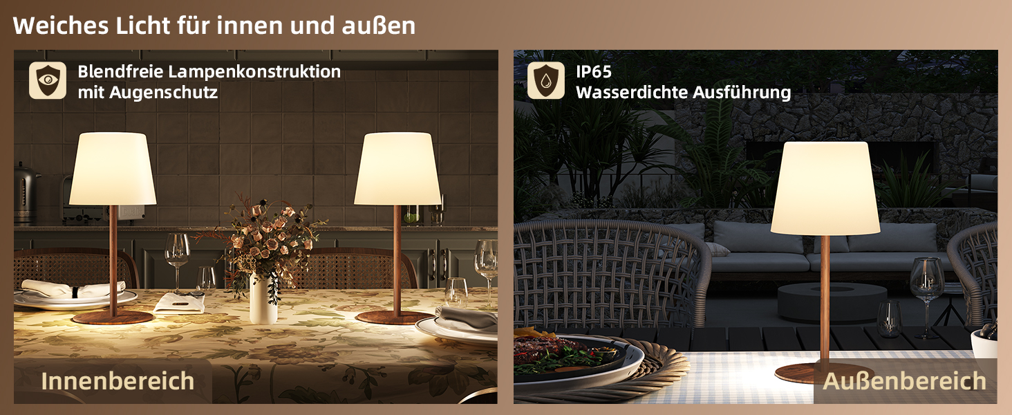 Світлодіодні настільні лампи EZVALO бездротові, 2 шт., IP65, USB-C, димування, 3 режими кольору, для дому та кемпінгу (дерев'яний колір)